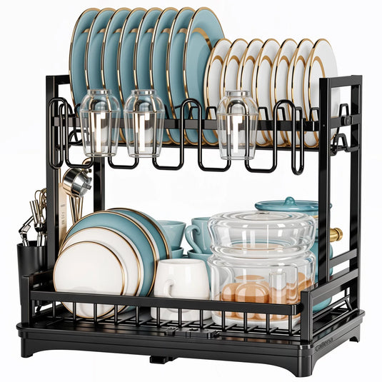 PACHET PROMOTIONAL !!! Scurgator vase, design auto-draining, organizator compact, negru, 42x30x29cm + 1 Set doua prosoape de bumbac pentru bucatarie si 1 ascutitor pentru cutite - CADOU !!!