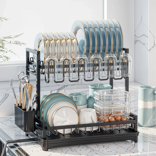 PACHET PROMOTIONAL !!! Scurgator vase, design auto-draining, organizator compact, negru, 42x30x29cm + 1 Set doua prosoape de bumbac pentru bucatarie si 1 ascutitor pentru cutite - CADOU !!!