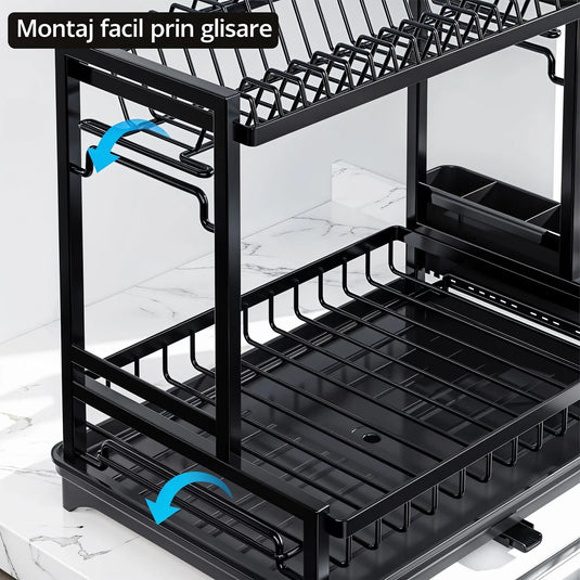 PACHET PROMOTIONAL !!! Scurgator vase, design auto-draining, organizator compact, negru, 42x30x29cm + 1 Set doua prosoape de bumbac pentru bucatarie si 1 ascutitor pentru cutite - CADOU !!!