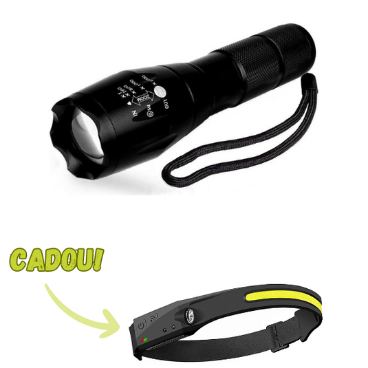 PACHET PROMO !!! Lanterna LED, cu 2 acumulatori si incarcator 220V + Lanterna de cap cu acumulator intern, frontala, cu SENZOR de miscare, pentru pescuit, camping, drumetii, waterproof, banda leduri, 45m, 350lm CADOU !!!