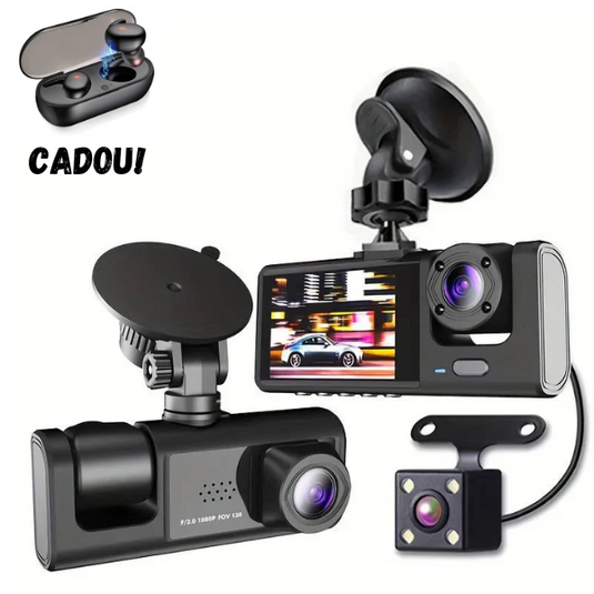 PACHET PROMO !!! Camera auto tripla FullHD, 3 camere-fata/spate/interior, ecran 2'', G Senzor + Set casti Bluetooth - CADOU !!!