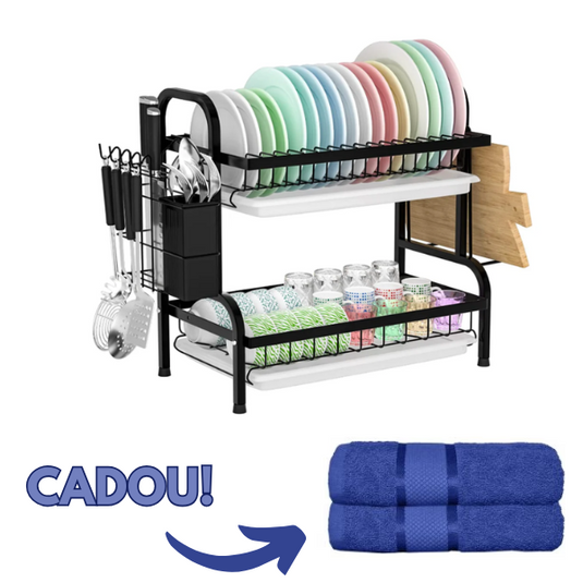 PACHET PROMO !!! Suport de vase supraetajat, 2 nivele, negru +1 Set doua prosoape din bumbac de bucatarie CADOU !!!