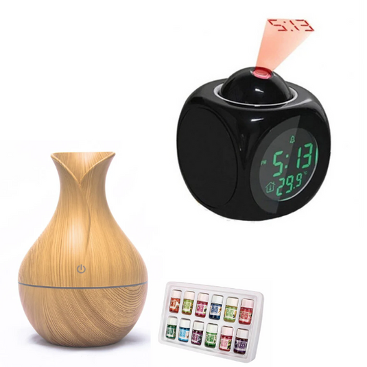 PACHET PROMOTIONAL !!! Ceas digital multifunctional cu proiectie pe perete - Umidificator cu ultrasunete in 7 culori + SET 12 uleiuri esential, 3 ml, de fructe si flori, parfum Purificator si Umidificator si SPA - GRATIS !!!