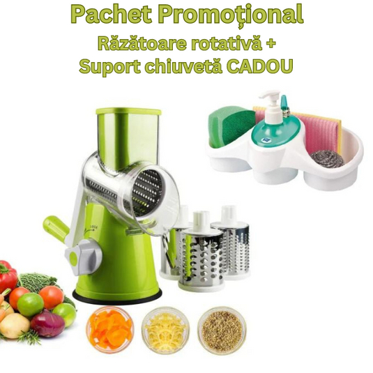 PACHET PROMO !!! Razatoare cu maner rotativ pentru legume, fructe, nuci sau alune + Suport organizator pentru bucatarie: burete, detergent si accesorii-CADOU !!!