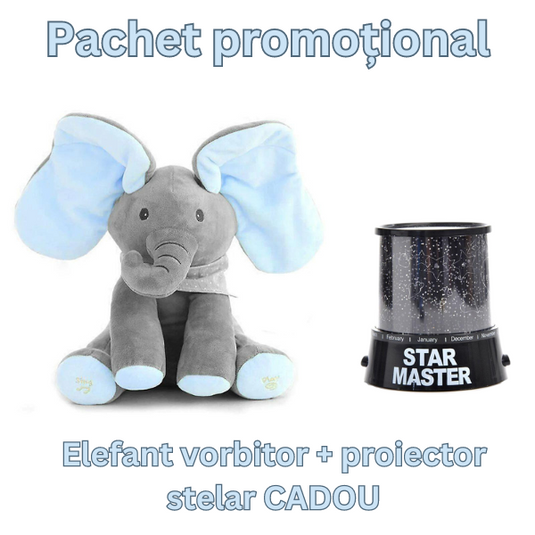 Pachet promotional Jucarie interactiva Elefant Cucu Bau + Proiector StarMaster cu stelute multicolore CADOU