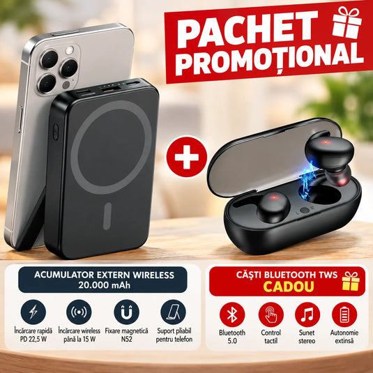 Acumulator magnetic 20.000 mAh + căști Bluetooth CADOU