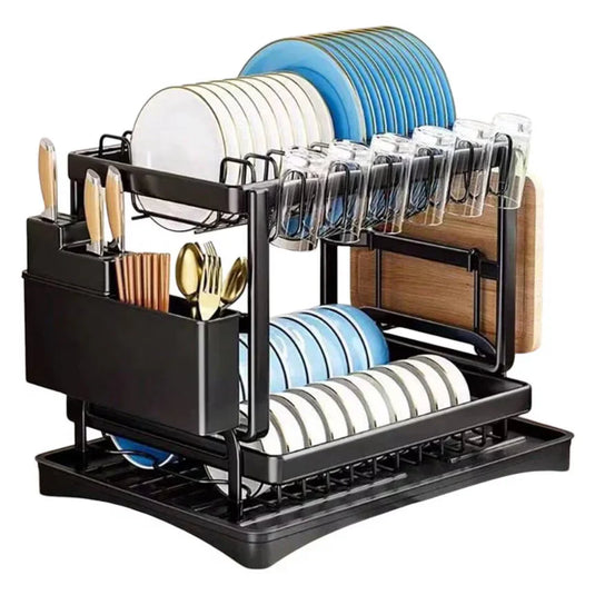 PACHET PROMOTIONAL !!! Scurgator vase, design auto-draining, organizator compact, negru, 42x30x29cm + 1 Set doua prosoape de bumbac pentru bucatarie si 1 ascutitor pentru cutite - CADOU !!!