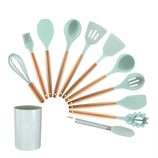 PACHET PROMOTIONAL - Set 12 ustensile de bucatarie din silicon termorezistent si maner din lemn natural + Set 3 tavi forma patrata pentru prajituri sau tort cu fund detasabil + Doua Prosoape din bumbac, de bucatarie - CADOU !!!