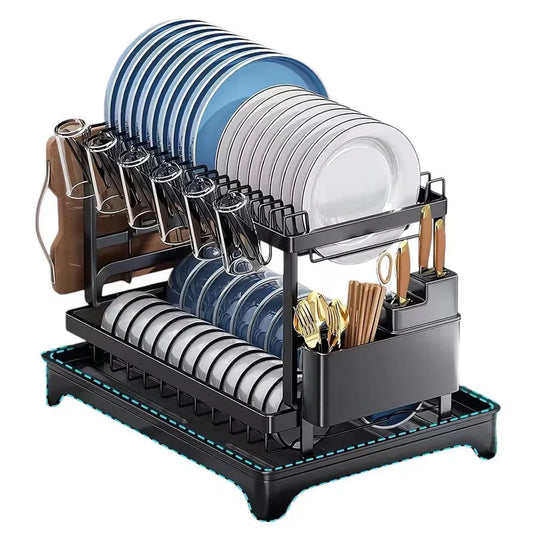 PACHET PROMOTIONAL !!! Scurgator vase, design auto-draining, organizator compact, negru, 42x30x29cm + 1 Set doua prosoape de bumbac pentru bucatarie si 1 ascutitor pentru cutite - CADOU !!!