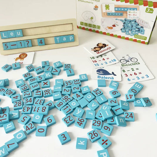 PACHET PROMOTIONAL !!! Joc educativ alfanumeric in limba Romana din lemn, asociere si sortare tip Montessori, 110 piese + Tableta de desen pentru copii - CADOU !!!
