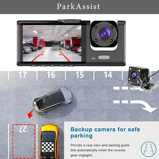 PACHET PROMO !!! Camera auto tripla FullHD, 3 camere-fata/spate/interior, ecran 2'', G Senzor + Casca wireless inteligenta - CADOU !!!