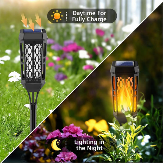 PACHET PROMOTIONAL - SET 6  Lampi Solare de Gradina cu Model , Tip Torta, 12 LED-uri, Efect Flacara, IP65 + Doua lampi solare JORTAN 100 LED - CADOU !!!