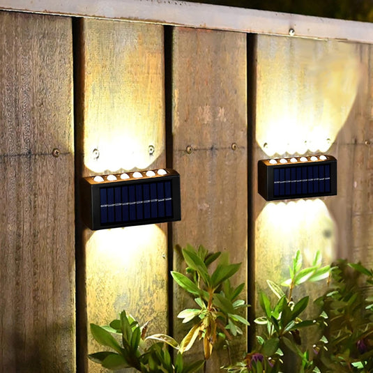 PACHET PROMOTIONAL - Set 4 Lampi solare de perete cu iluminare sus si jos - 12 LED-uri + Numar de casa din inox, cu iluminare LED si alimentare solara  CADOU !!!