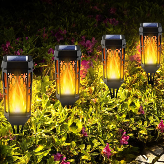 PACHET PROMOTIONAL - SET 6  Lampi Solare de Gradina cu Model , Tip Torta, 12 LED-uri, Efect Flacara, IP65 + Doua lampi solare JORTAN 100 LED - CADOU !!!