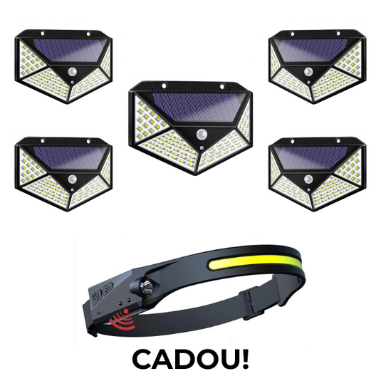 PACHET PROMOTIONAL !!! 5 x Lampa solara 100 led-uri cu senzor de miscare + Lanterna de cap cu acumulator intern, frontala, cu SENZOR de miscare, pentru pescuit, camping, drumetii, waterproof, banda leduri, 45m, 350lm CADOU !!!