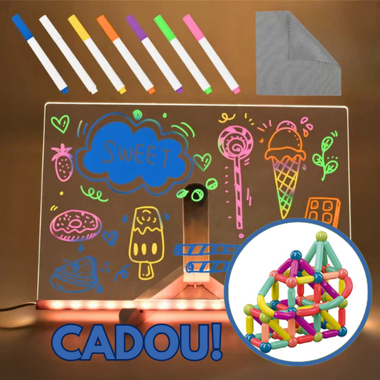 PACHET PROMO !!! Tableta LED Magica cu Markere colorate si Laveta de sters + Joc creativ pentru copii, cu 63 de piese magnetice, din metal si plastic, multicolor