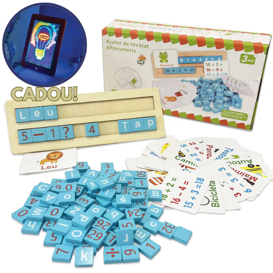 PACHET PROMOTIONAL !!! Joc educativ alfanumeric in limba Romana din lemn, asociere si sortare tip Montessori, 110 piese + Tableta de desen pentru copii - CADOU !!!