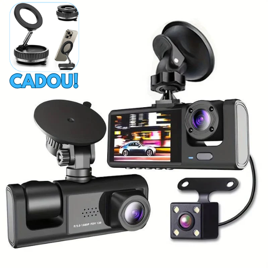 PACHET PROMOTIONAL - Camera auto tripla FullHD, 3 camere-fata/spate/interior, ecran 2'', G Senzor + Suport de Telefon, Ajustabil, Magnetic - CADOU !!!