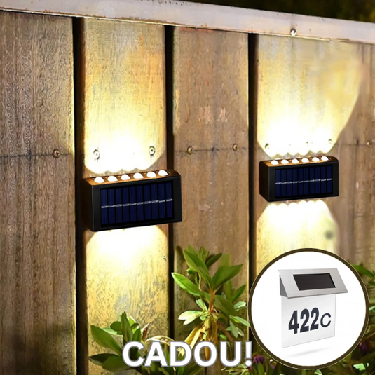 PACHET PROMOTIONAL - Set 4 Lampi solare de perete cu iluminare sus si jos - 12 LED-uri + Numar de casa din inox, cu iluminare LED si alimentare solara  CADOU !!!