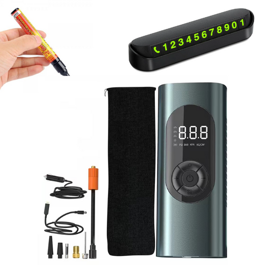 PACHET PROMOTIONAL - Compresor Auto Inteligent, 10 BAR/150PSI, LED si 4 Adaptoare + Creion auto marker pentru acoperirea zgarieturilor caroseriei auto si  Suport afisaj numar de telefon fixare parbriz   - CADOU !!!