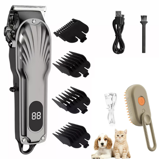 PACHET PROMO !!! Aparat Profesional De Tuns Animale, 8 in 1, 220V, 12w, DASGUT + Perie cu Abur pentru Animale de Companie, Indeparteaza Parul, Curatare,Maseaza , Maner Rotativ 360 - CADOU !!!
