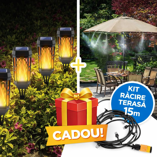 PACHET PROMOTIONAL !!! SET 6  Lampi Solare de Gradina cu Model , Tip Torta, 12 LED-uri, Efect Flacara, IP65 +  Sistem de racire terasa cu vapori de apa 15 m - CADOU !!!