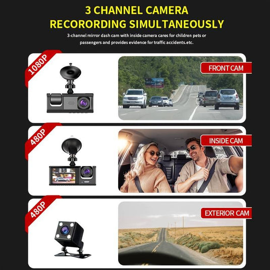 PACHET PROMO !!! Camera auto tripla FullHD, 3 camere-fata/spate/interior, ecran 2'', G Senzor + Casca wireless inteligenta - CADOU !!!