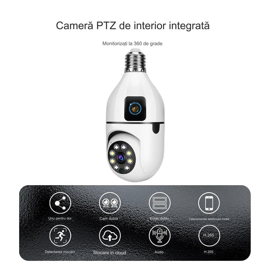 PACHET PROMOTIONAL !!! Camera supraveghere Tip Bec ULTRA HD Dual Camera, PTZ, Conexiune WiFi, Exterior sau Interior, Dulie E27 + Card de memorie 32GB - CADOU !!!