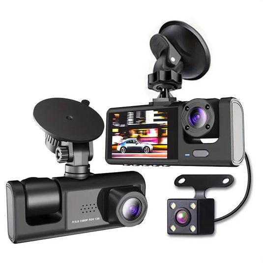 PACHET PROMO !!! Camera auto tripla FullHD, 3 camere-fata/spate/interior, ecran 2'', G Senzor + Casca wireless inteligenta - CADOU !!!