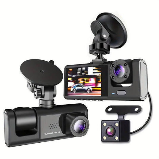 PACHET PROMOTIONAL !!! Camera auto tripla FullHD, 3 camere-fata/spate/interior, ecran 2'', G Senzor + Parasolar Auto tip Umbrela - CADOU !!!