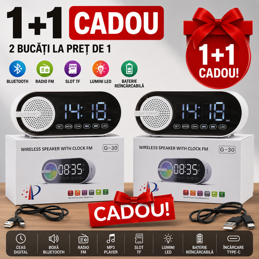 PACHET PROMOTIONAL !!! 1 + 1 GRATIS - Ceas Digital cu Boxa Bluetooth, Alarma, Slot de Card, Sunet Stereo, radio FM/AM Cu Acumulator