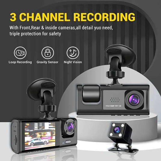 PACHET PROMO !!! Camera auto tripla FullHD, 3 camere-fata/spate/interior, ecran 2'', G Senzor + Casca wireless inteligenta - CADOU !!!
