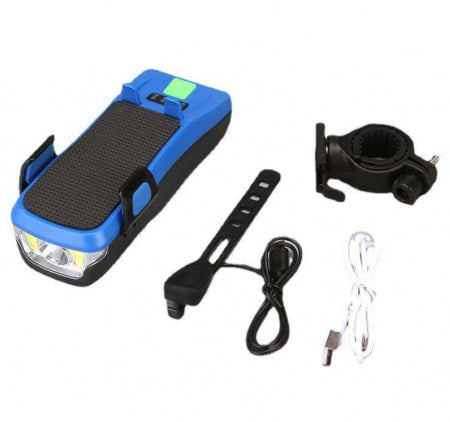 PACHET PROMO !!! Far bicicleta cu suport telefon, claxon 130dB, Power bank 3000mAh, 3 moduri de luminare, 2 x T6 LED, rezistent la apa, Albastru + Husa pentru bicicleta - CADOU !!!