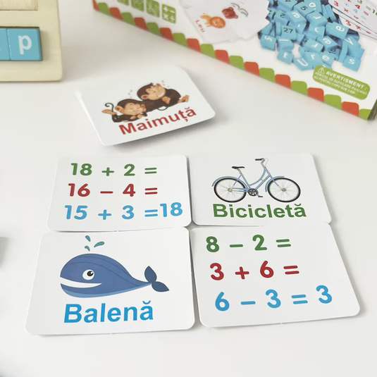PACHET PROMOTIONAL !!! Joc educativ alfanumeric in limba Romana din lemn, asociere si sortare tip Montessori, 110 piese + Tableta de desen pentru copii - CADOU !!!
