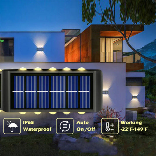 PACHET PROMOTIONAL - Set 4 Lampi solare de perete cu iluminare sus si jos - 12 LED-uri + Numar de casa din inox, cu iluminare LED si alimentare solara  CADOU !!!