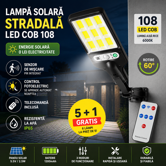 PACHET PROMOTIONAL !!! Lampa Solara Stradala LED COB 108, Senzor Miscare si Telecomanda 5 + 1 GRATIS !!!