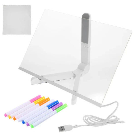 PACHET PROMO !!! Tableta LED Magica cu Markere colorate si Laveta de sters + Joc creativ pentru copii, cu 63 de piese magnetice, din metal si plastic, multicolor