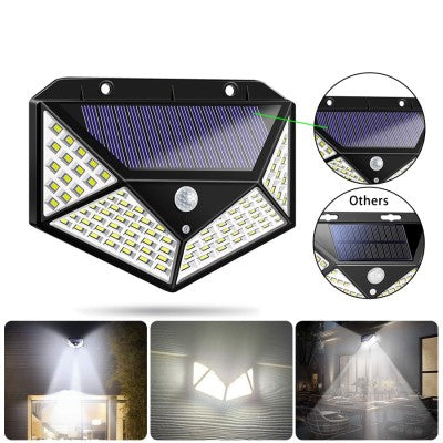 PACHET PROMOTIONAL !!! 5 x Lampa solara 100 led-uri cu senzor de miscare + Lanterna de cap cu acumulator intern, frontala, cu SENZOR de miscare, pentru pescuit, camping, drumetii, waterproof, banda leduri, 45m, 350lm CADOU !!!