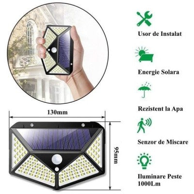 PACHET PROMOTIONAL !!! 5 x Lampa solara 100 led-uri cu senzor de miscare + Lanterna de cap cu acumulator intern, frontala, cu SENZOR de miscare, pentru pescuit, camping, drumetii, waterproof, banda leduri, 45m, 350lm CADOU !!!