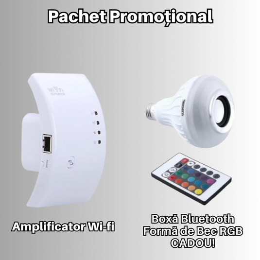 PACHET PROMO !!! Amplificator wifi pentru internet in zone fara semnal + Boxa bluetooth, in forma de bec cu LED functional, controlabil prin telefon CADOU !!!