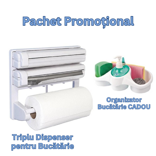 PACHET PROMO-Triplu dispenser de bucatarie + Organizator bucatarie: burete, detergent si accesorii CADOU !!!