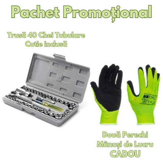 PACHET PROMOTIONAL !!  Trusa 40 chei tubulare, cu clichet, cu maner si adaptor + cutie depozitare + CADOU - doua perechi manusi de lucru !!!