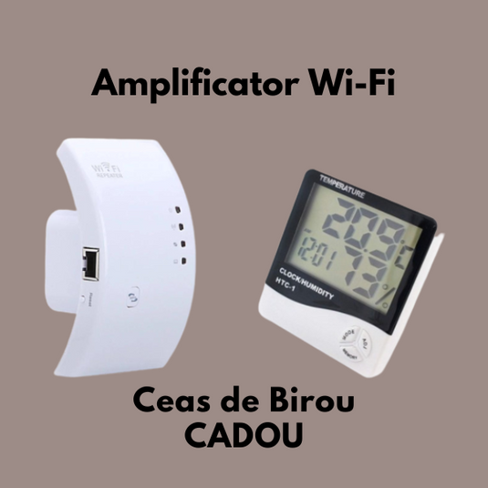 PACHET PROMO !!! Amplificator wifi pentru internet in zone fara semnal + Ceas electronic de birou, cu ecran LCD ce indica temperatura si umiditatea CADOU !!!