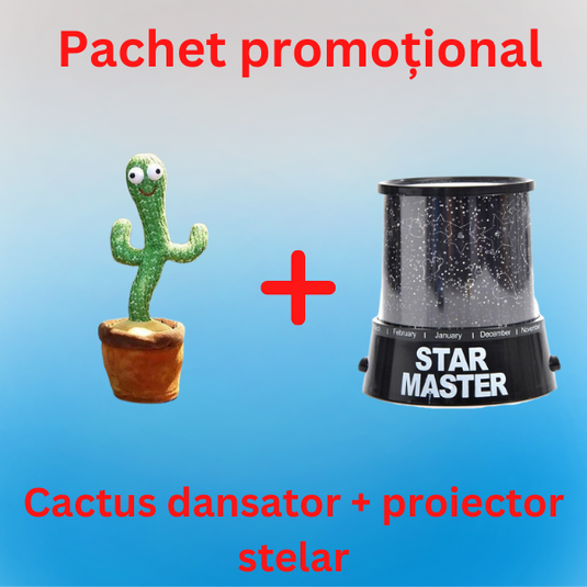 Pachet promotional - Jucarie cactus, canta, danseaza si imita cuvinte + Proiector cadou - lampa de veghe cu proiectie de stele